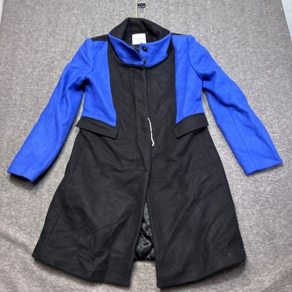 Axara Paris Wool Blend Coat Women 40 Blue Black Colorblock‎ Funnel Neck